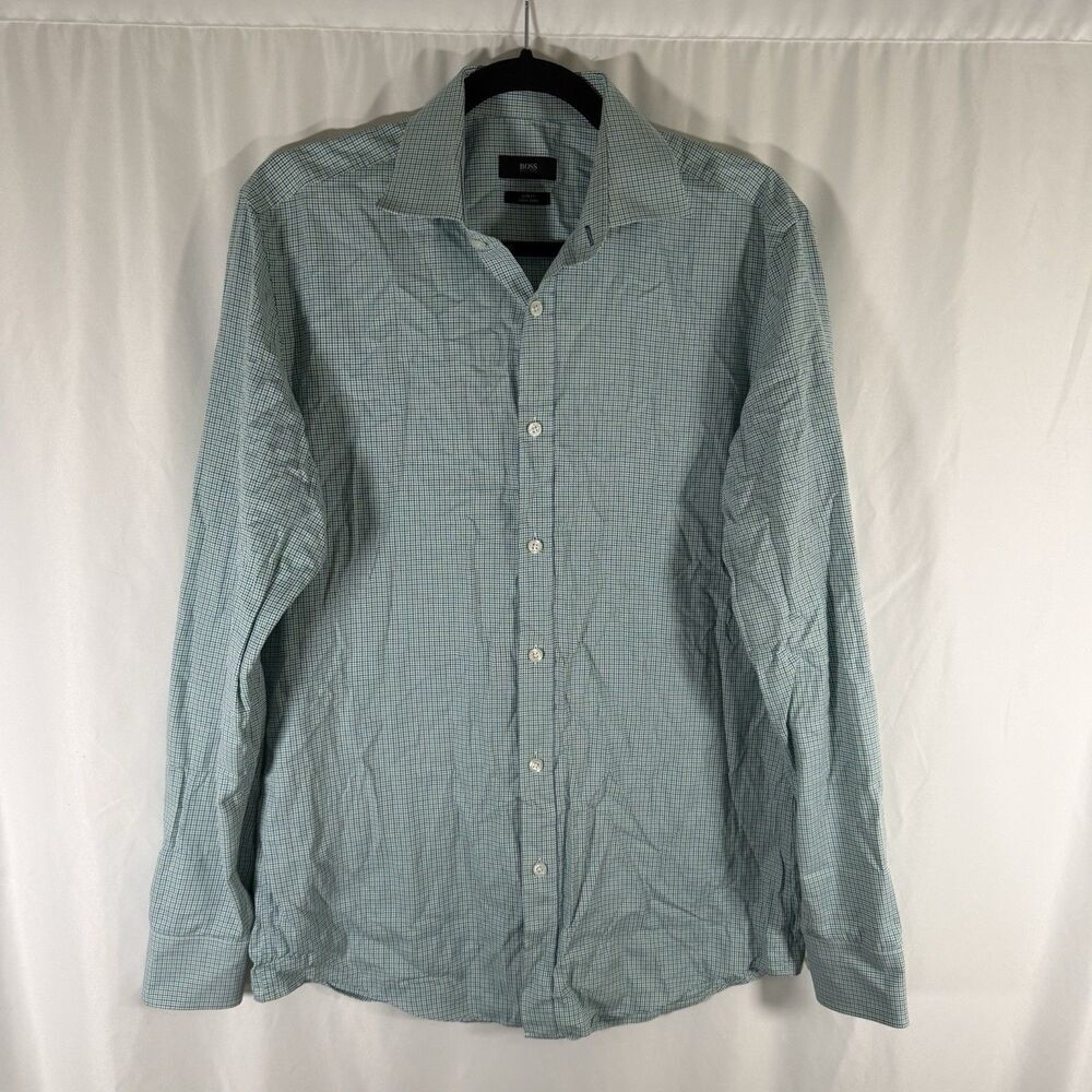 Boss Hugo Boss Dress SHirt Men's 39 15.5 Green Plaid Button Up Long Sleeve Slim
